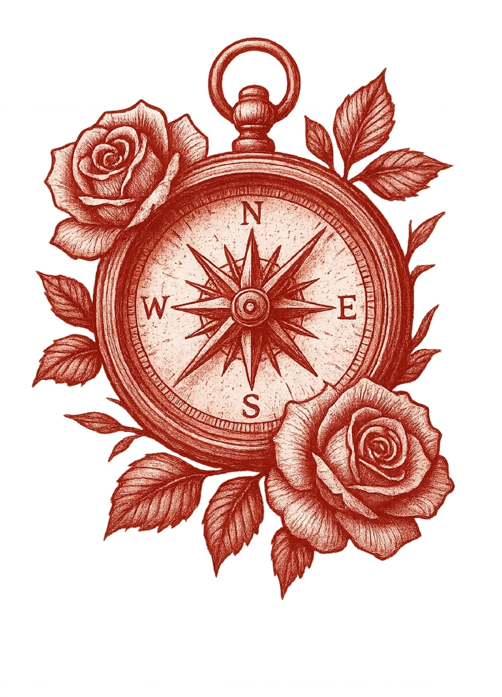 Tattoovorlage Kompass mit Rosen im Schwarz-Weiß-Stil