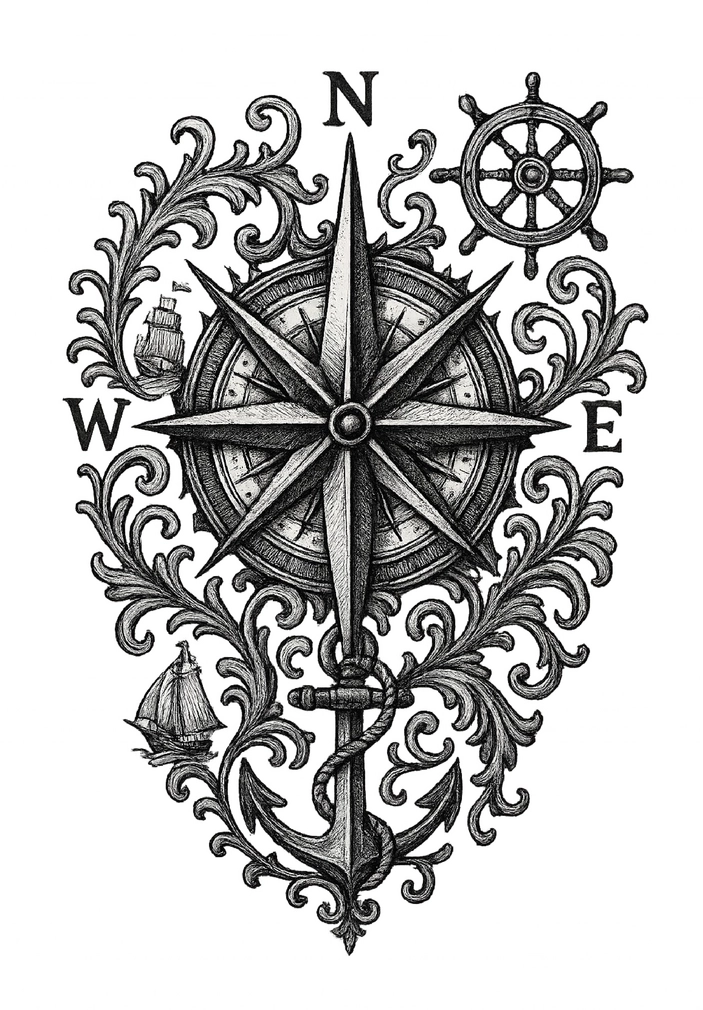 Tattoovorlage mit Kompassrose und nautischen Symbolen