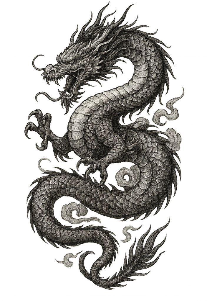 Tattoovorlage kraftvoller Drache für Rücken