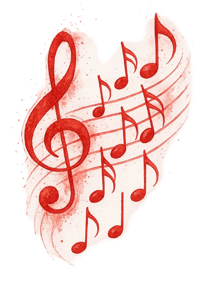 Tattoovorlage künstlerische Darstellung von Musiknoten in Rot