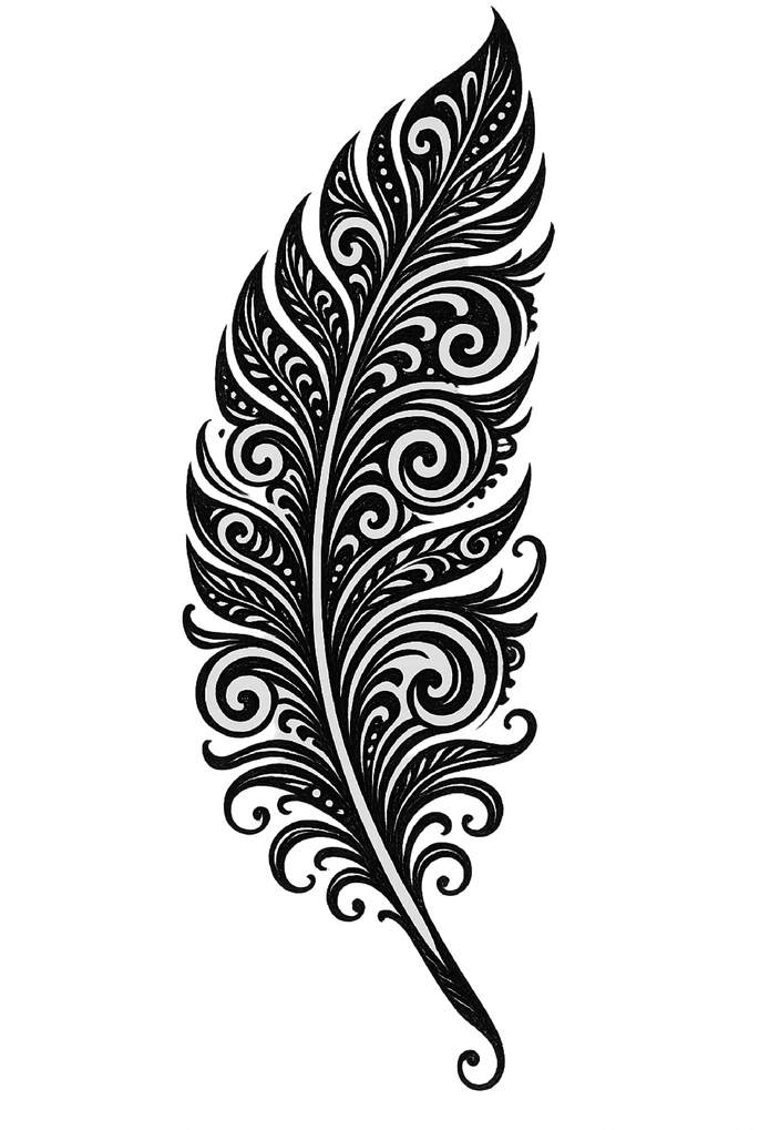 Tattoovorlage kunstvolle Feder mit Verzierungen für Oberschenkel