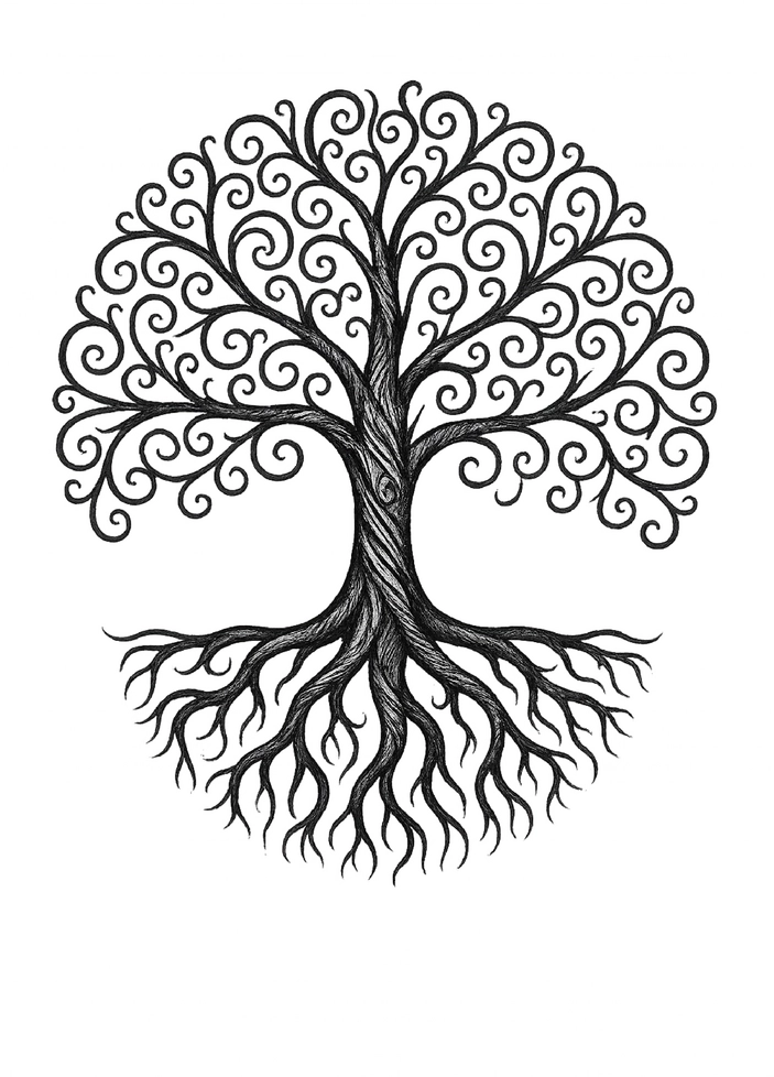 Tattoovorlage kunstvoller Baum mit filigranen Ästen und Wurzeln
