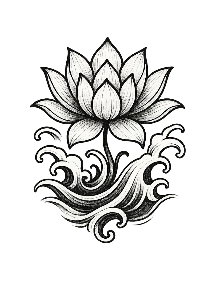 Tattoovorlage Lotusblume mit Wellen