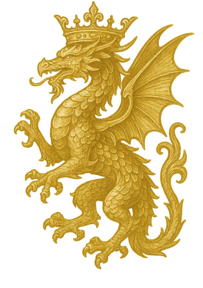 Tattoovorlage Drachen mit Krone in goldener Farbe