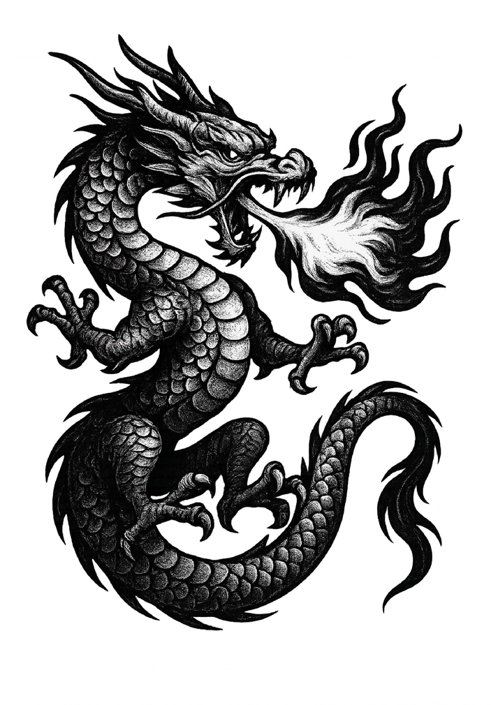 Tattoovorlage Drache mit Feuer speienden Details