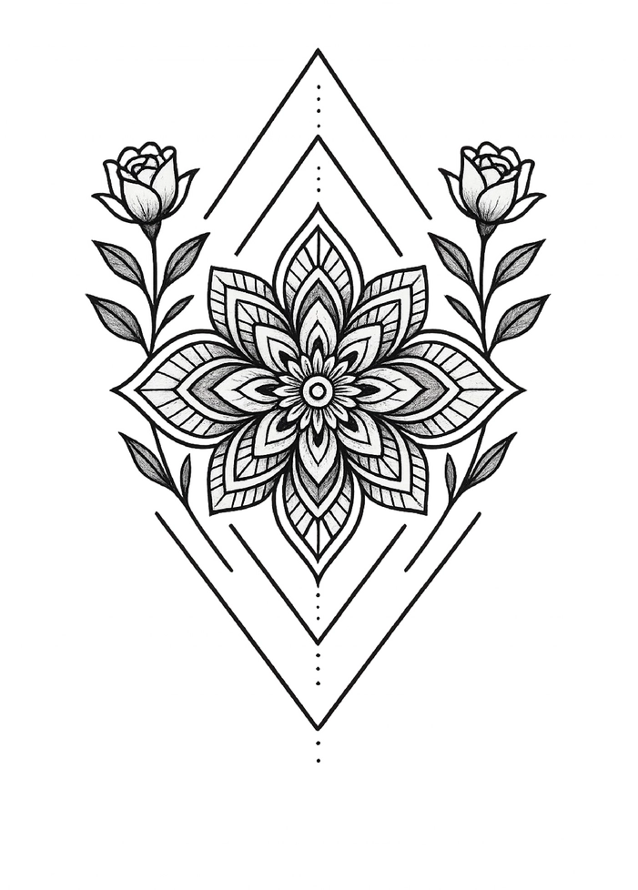 Tattoovorlage Mandala-Design mit Rosen und symmetrischen Elementen