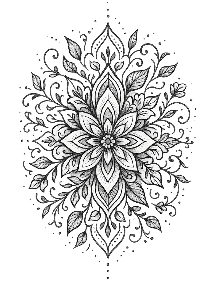Mandala-Tattoovorlage mit floralen Mustern und Punkten