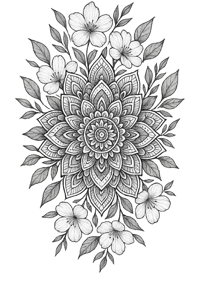 Tattoovorlage Mandala mit Blüten und Blättern
