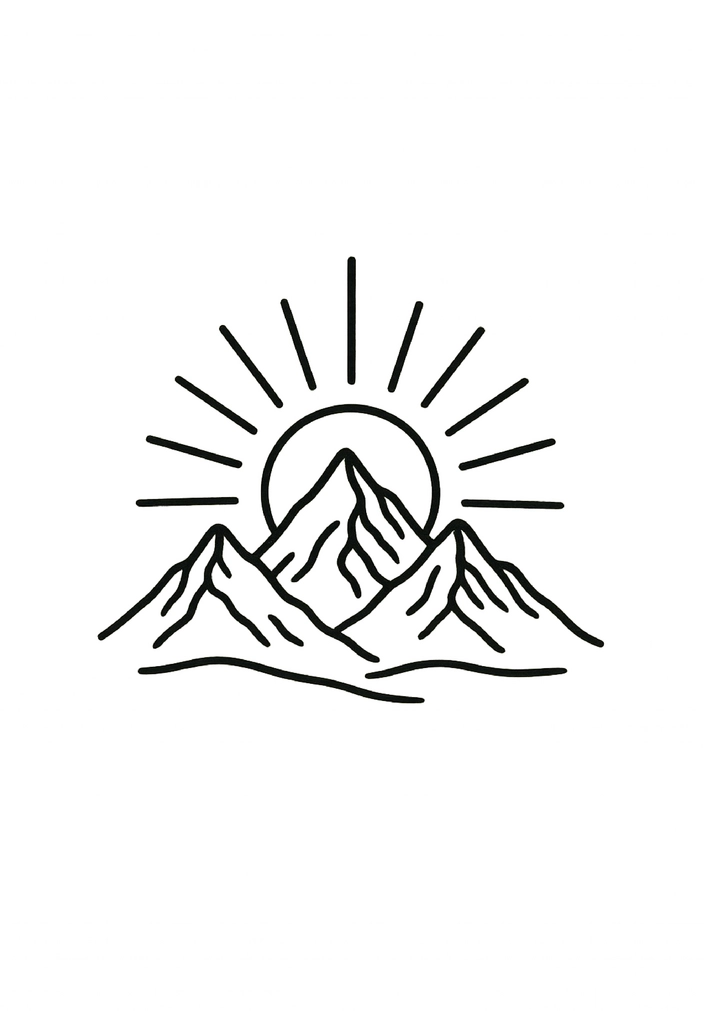 Tattoovorlage minimalistisches Bergmotiv mit Sonnenaufgang