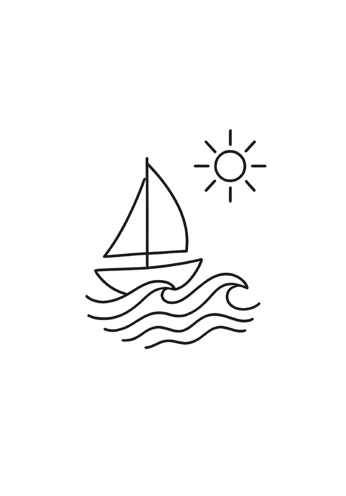 Tattoovorlage Minimalistisches Segelboot mit Wellen und Sonne