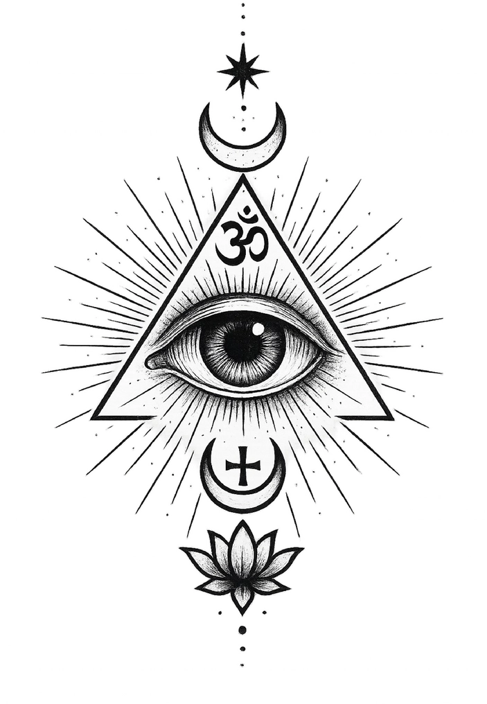 Tattoovorlage mit mystischem Auge und spirituellen Symbolen