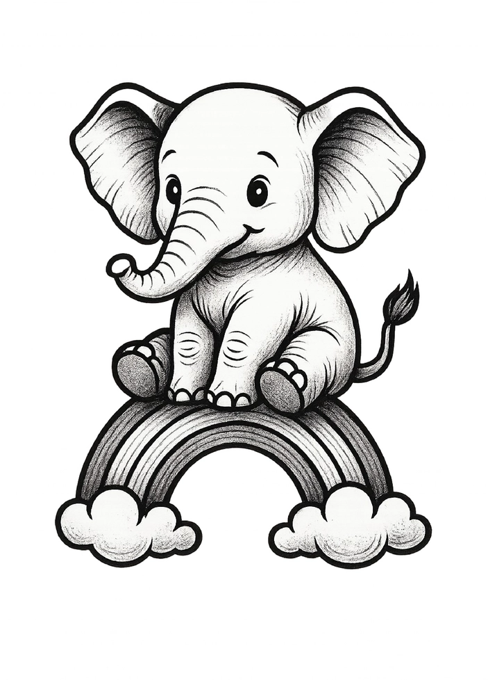 Tattoovorlage niedlicher Elefant auf einem bunten Regenbogen
