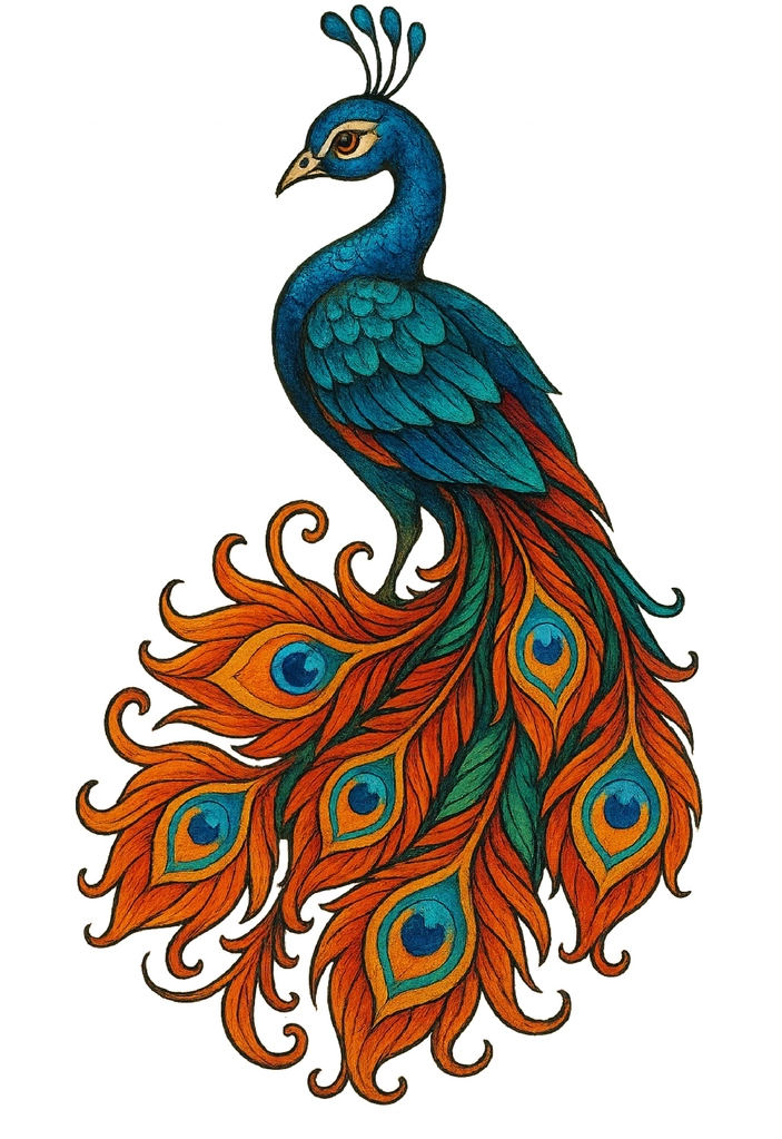 Tattoovorlage Pfau mit bunten Federn und Details