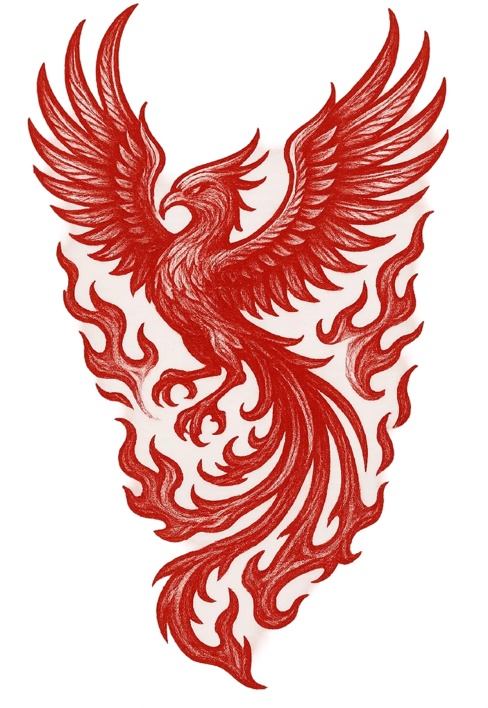 Tattoovorlage Phönix mit Flammen für Oberschenkel