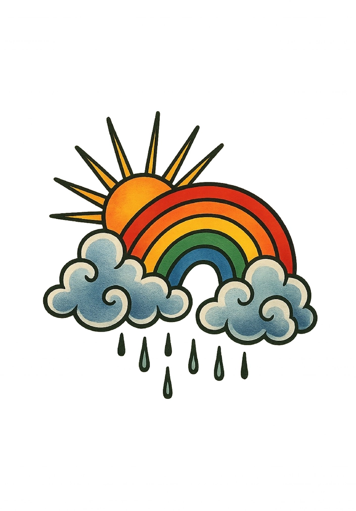Tattoovorlage Regenbogen mit Wolken und Sonnenstrahlen
