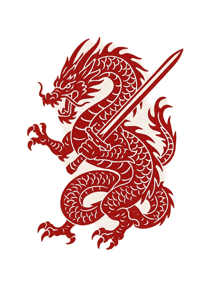 Tattoovorlage roter Drache mit Schwert