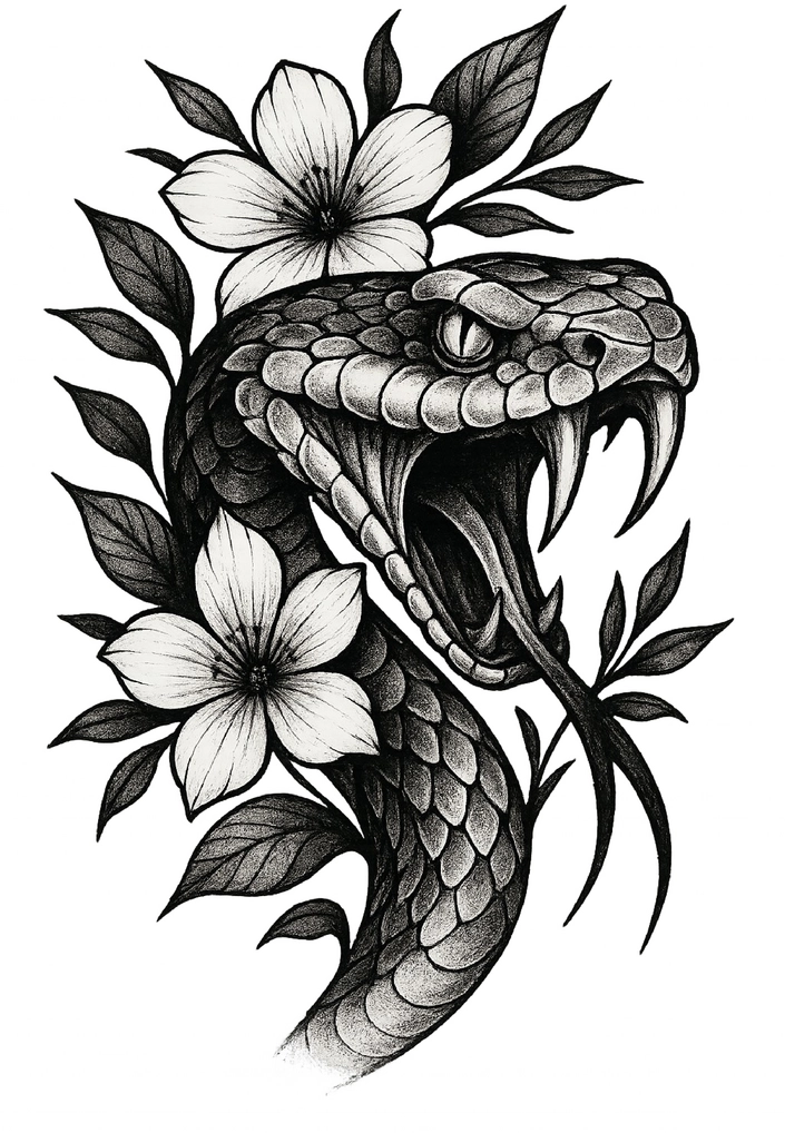 Tattoovorlage Schlangenkopf mit floralen Elementen