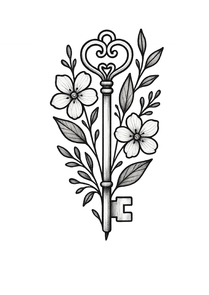 Tattoovorlage mit Schlüssel und floralen Elementen für Frauen