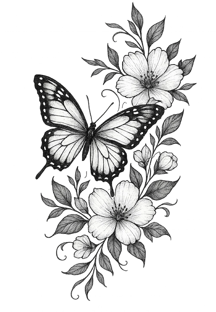 Tattoovorlage Schmetterling mit floralen Elementen