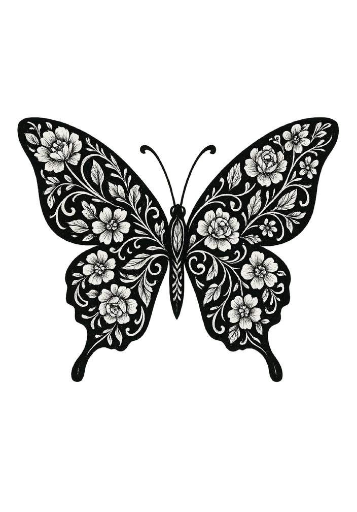 Tattoovorlage Schmetterling mit floralen Mustern für Nacken & Hals