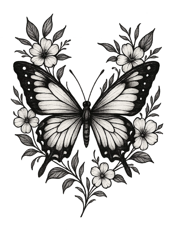 Tattoovorlage Schmetterling mit floralen Akzenten für Oberschenkel