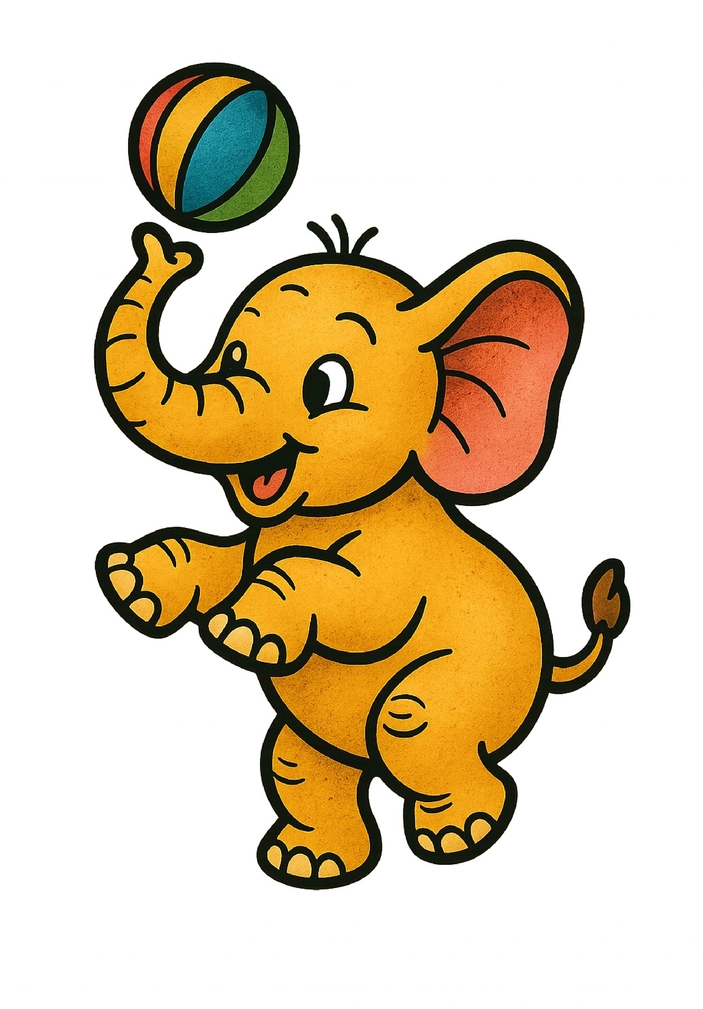 Tattoovorlage spielerischer Elefant mit Ball im Comic-Stil
