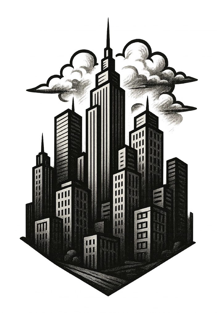 Tattoovorlage Stadtlandschaft mit Wolkenkratzern im Schwarz-Weiß-Stil