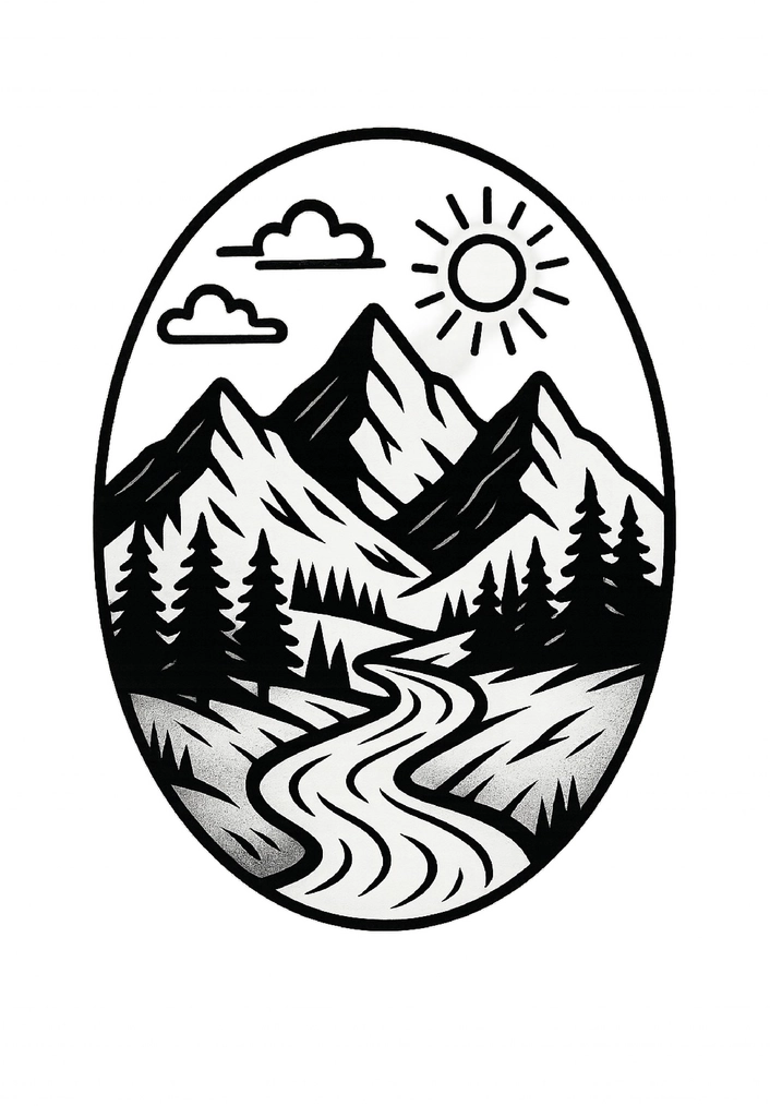 Tattoovorlage stilisierte Landschaft mit Bergen und Fluss