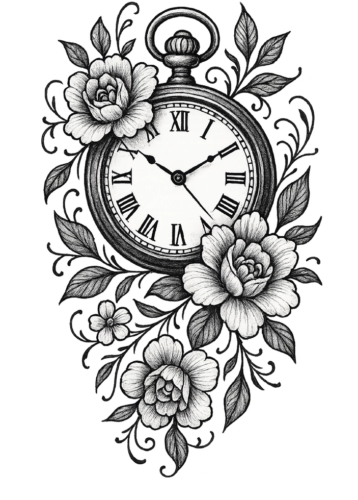 Tattoovorlage stilisierte Uhr mit floralen Mustern