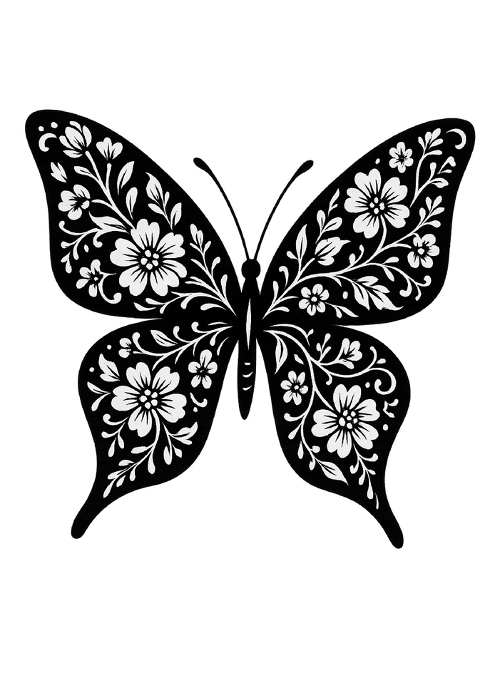 Tattoovorlage stilisierter Schmetterling mit floralen Mustern für Rippen und Hüfte
