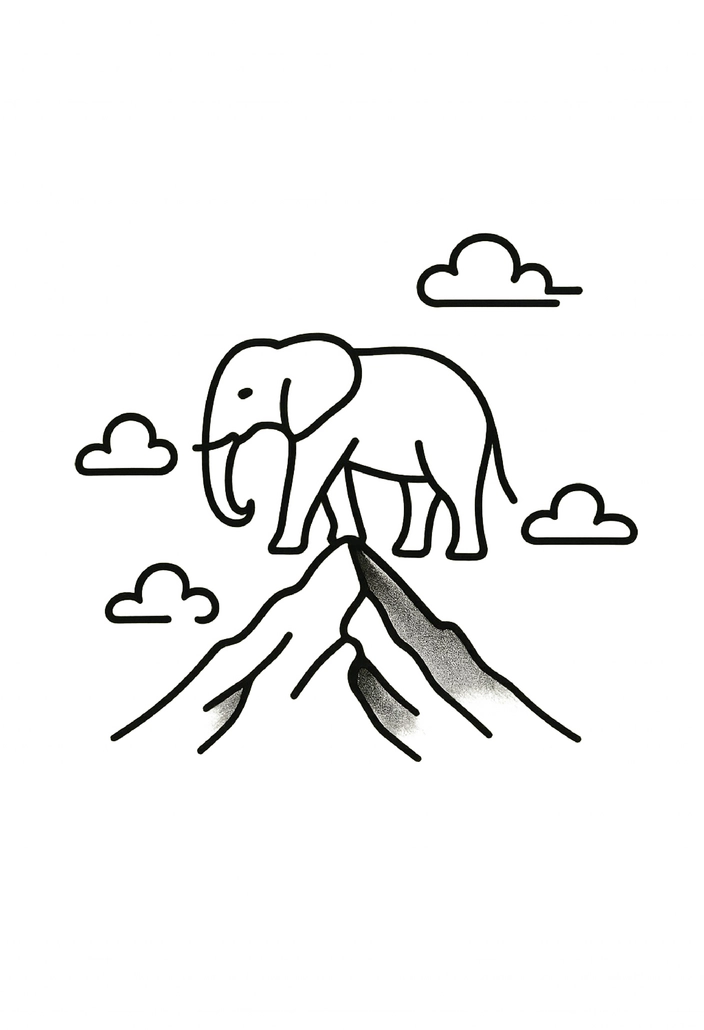 Tattoovorlage: Stilisiert-auf-Berg-stehender-Elefant-mit-Wolken