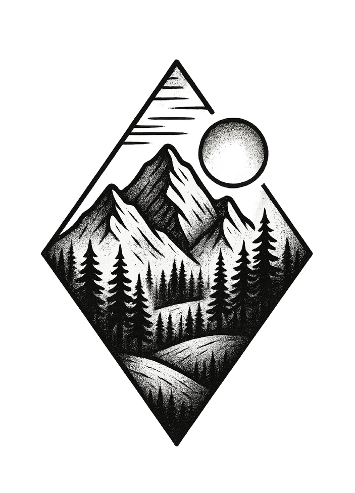 Tattoovorlage mit stilisierter Berglandschaft und Nadelbäumen