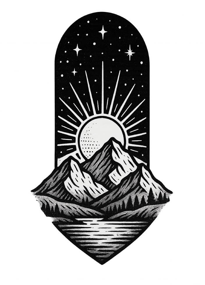 Tattoovorlage stilisierte Berglandschaft mit Sonnenuntergang und Sternen