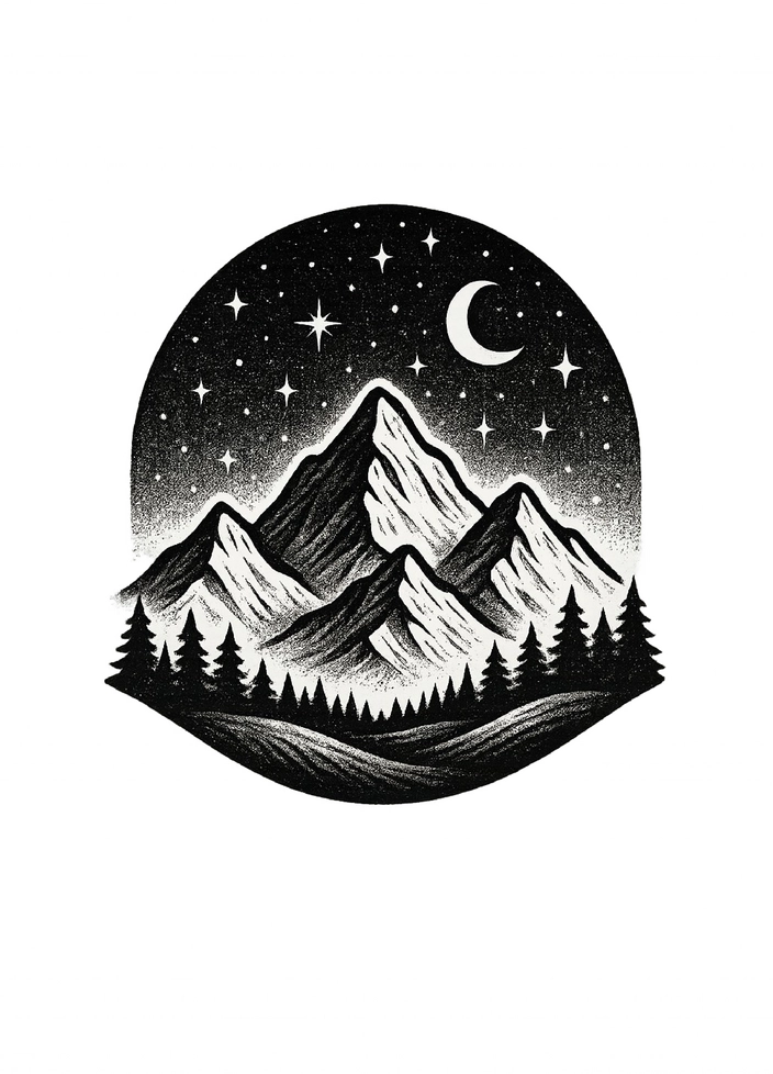 Tattoovorlage stilisierte Berglandschaft Nachthimmel