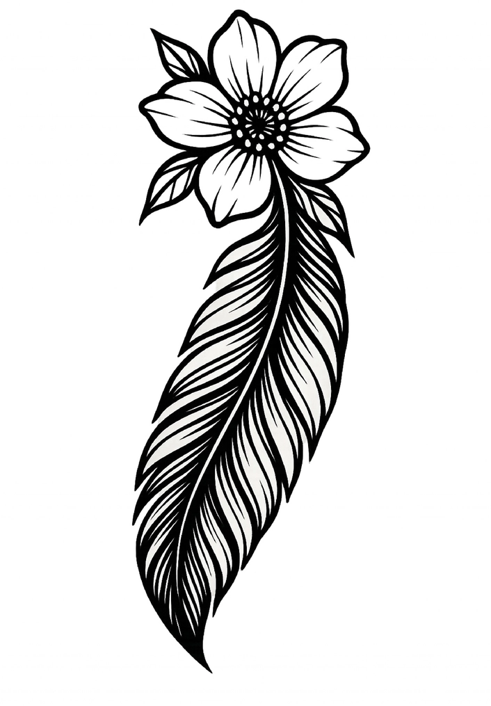 Tattoovorlage stilisierte Blume kombiniert mit Feder für Oberschenkel