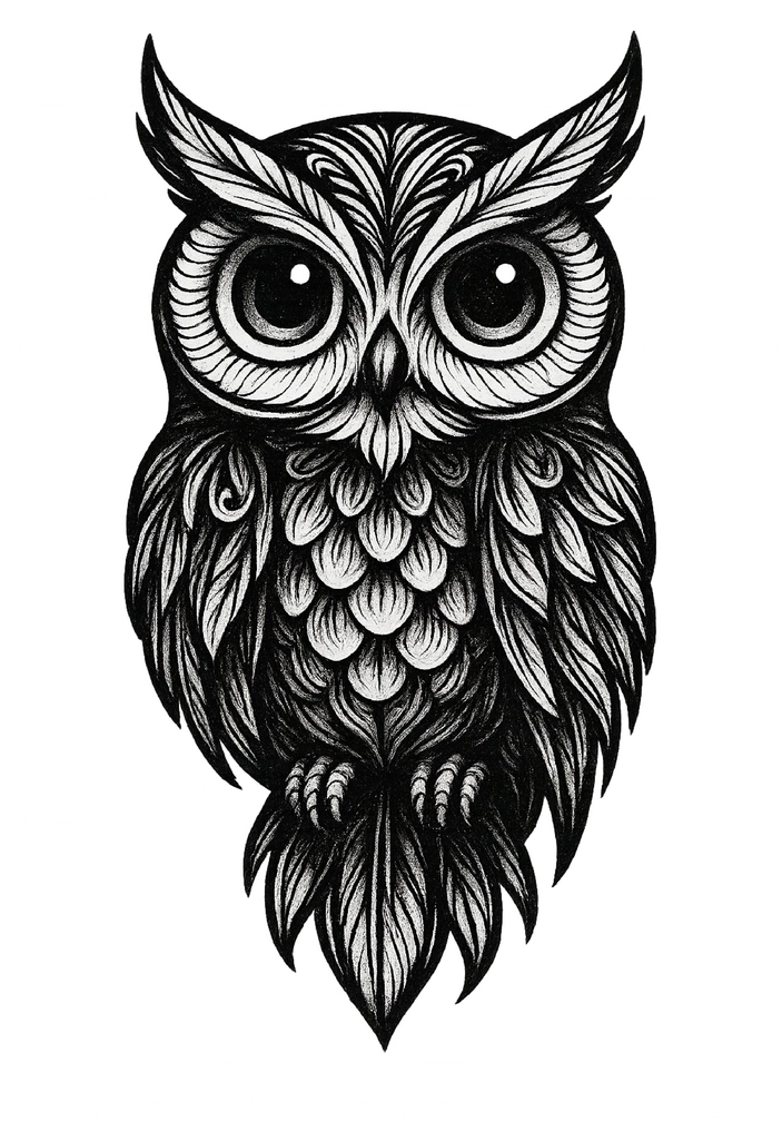 Tattoovorlage stilisierte Eule mit großen Augen und filigranen Federn