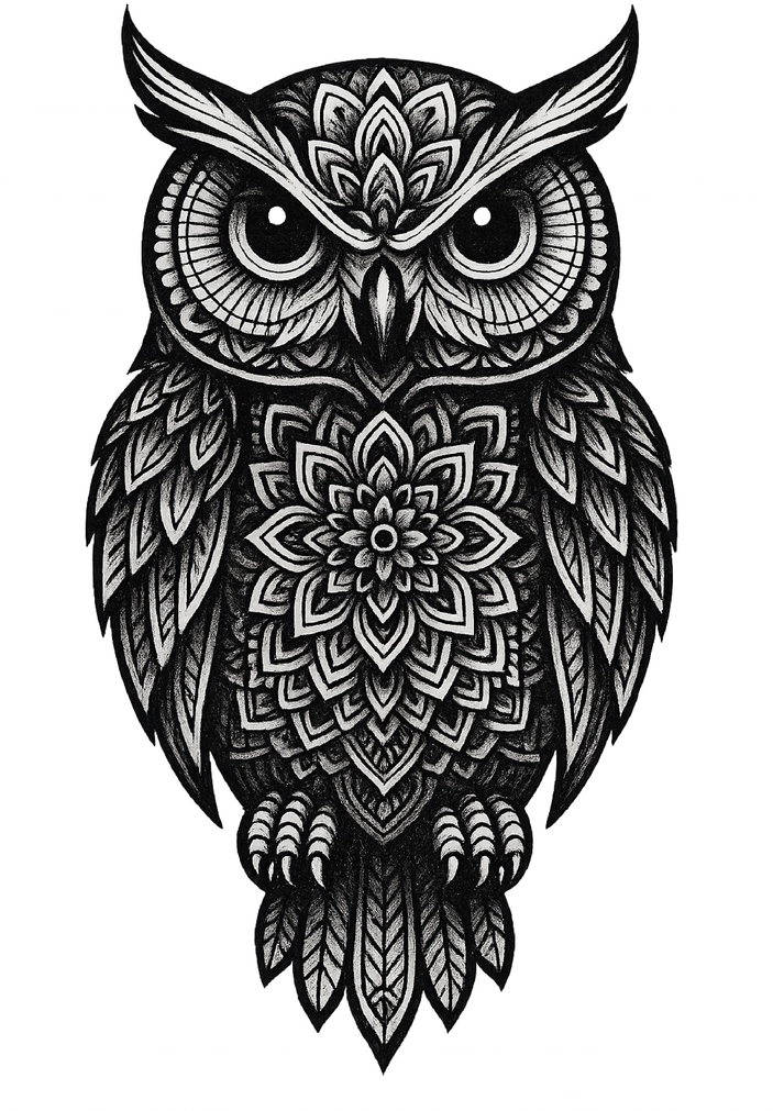 Tattoovorlage stilisierte Eule im Mandala-Stil