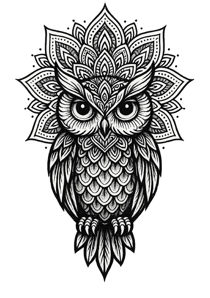 Tattoovorlage stilisierte Eule mit Mandala-Elementen