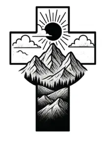 stilisierte-berglandschaft-mit-kreuz-und-sonne