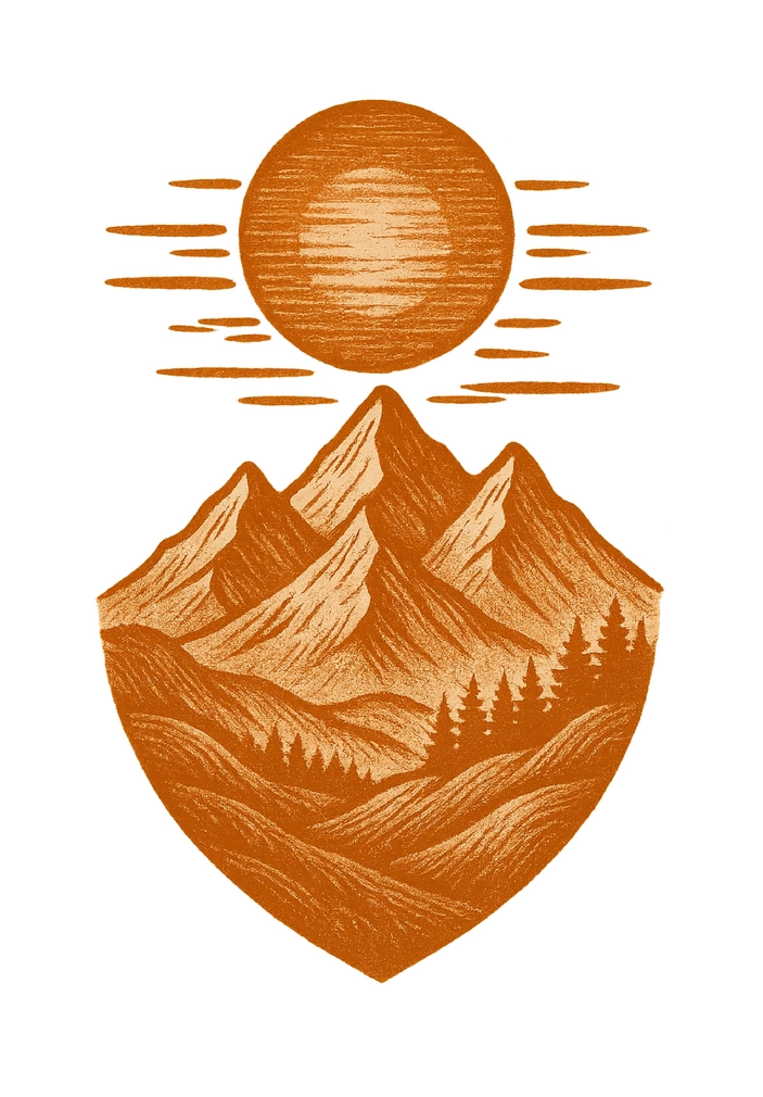 Tattoovorlage stilisierte Berglandschaft mit Sonnenmotiv