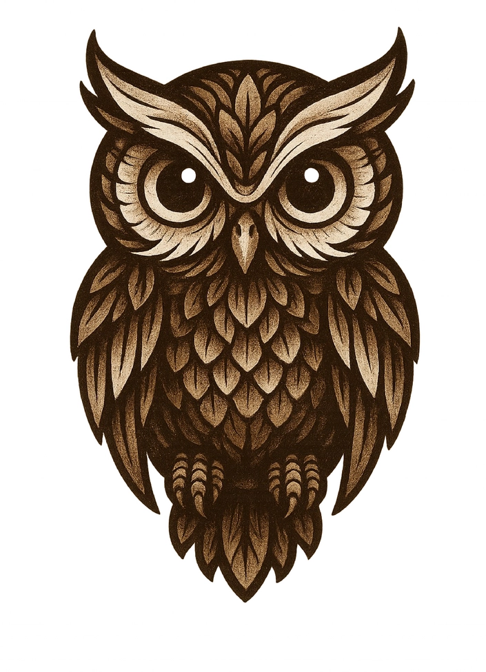 Tattoovorlage stilisierte Eule mit ausdrucksvollen Augen