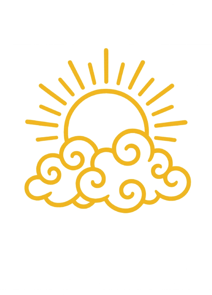 Tattoovorlage stilisierte Sonne mit Wolken und Strahlen