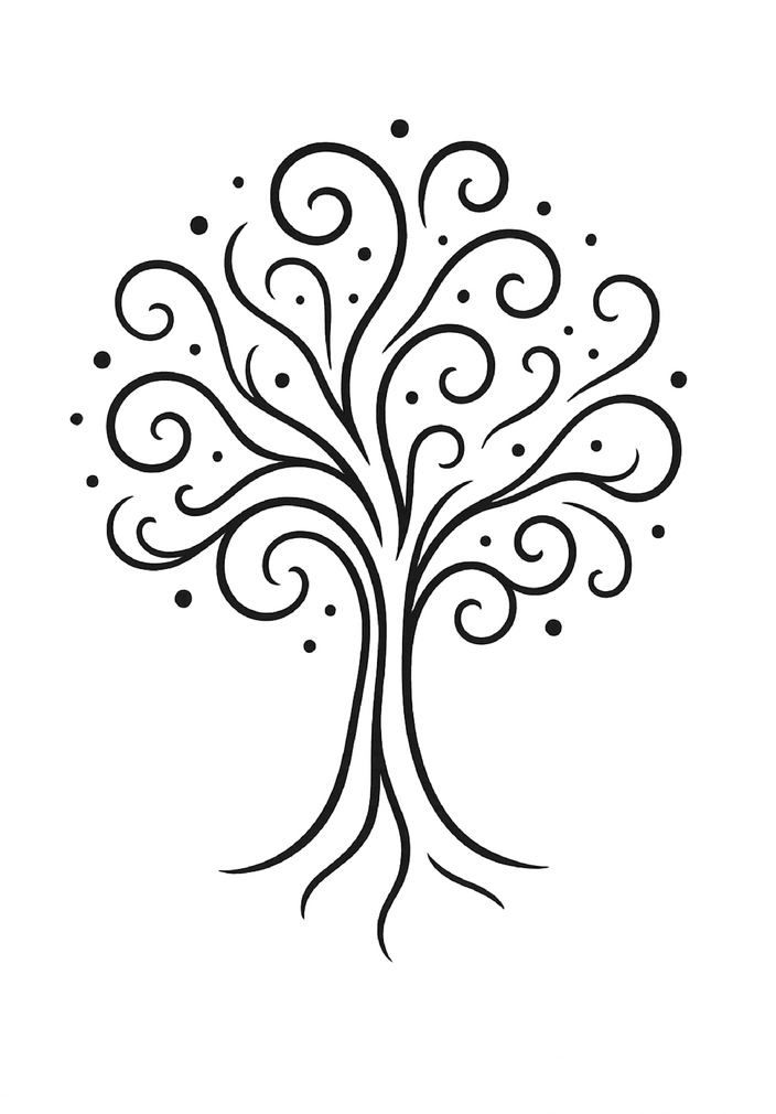 Tattoovorlage stilisierter Baum mit geschwungenen Linien und Punkten