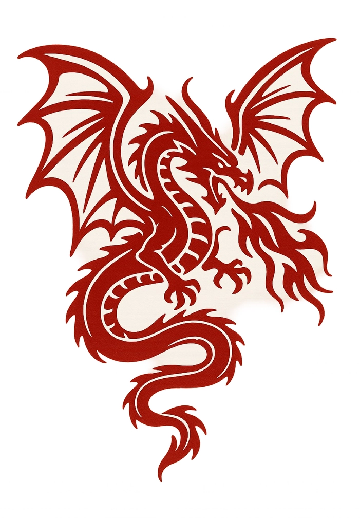Tattoovorlage stilisierter Drache mit Flügeln und Feuer