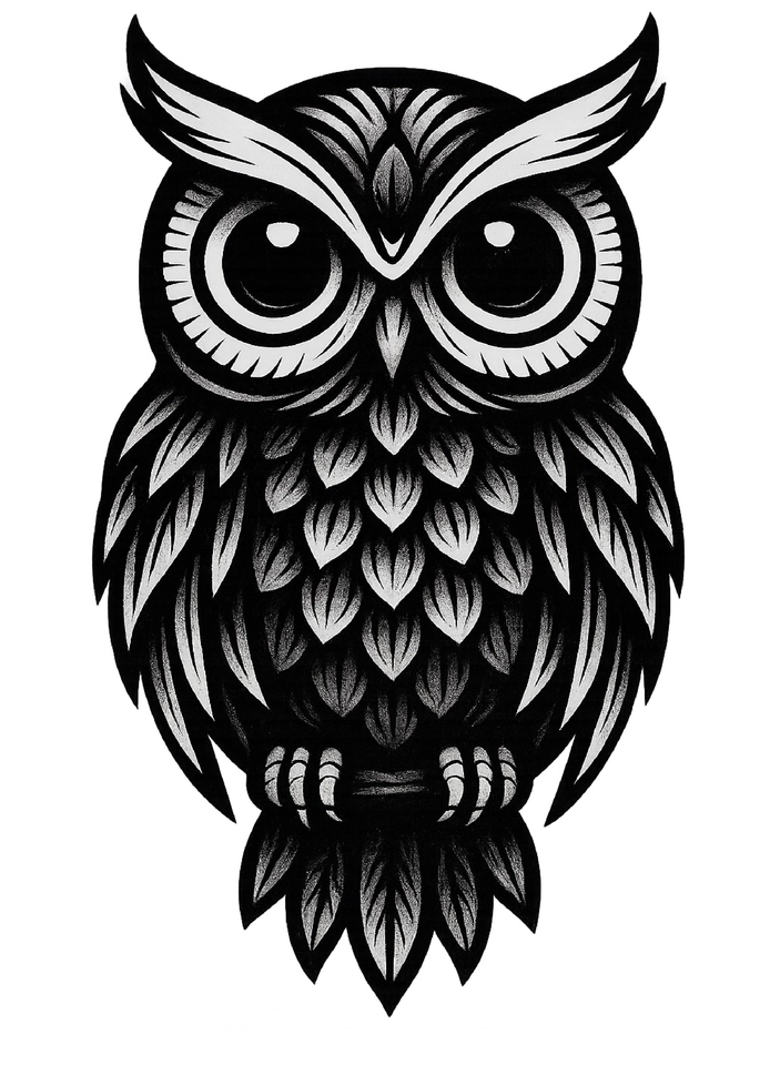 Tattoovorlage stilisierte Eule mit großen Augen und Federn