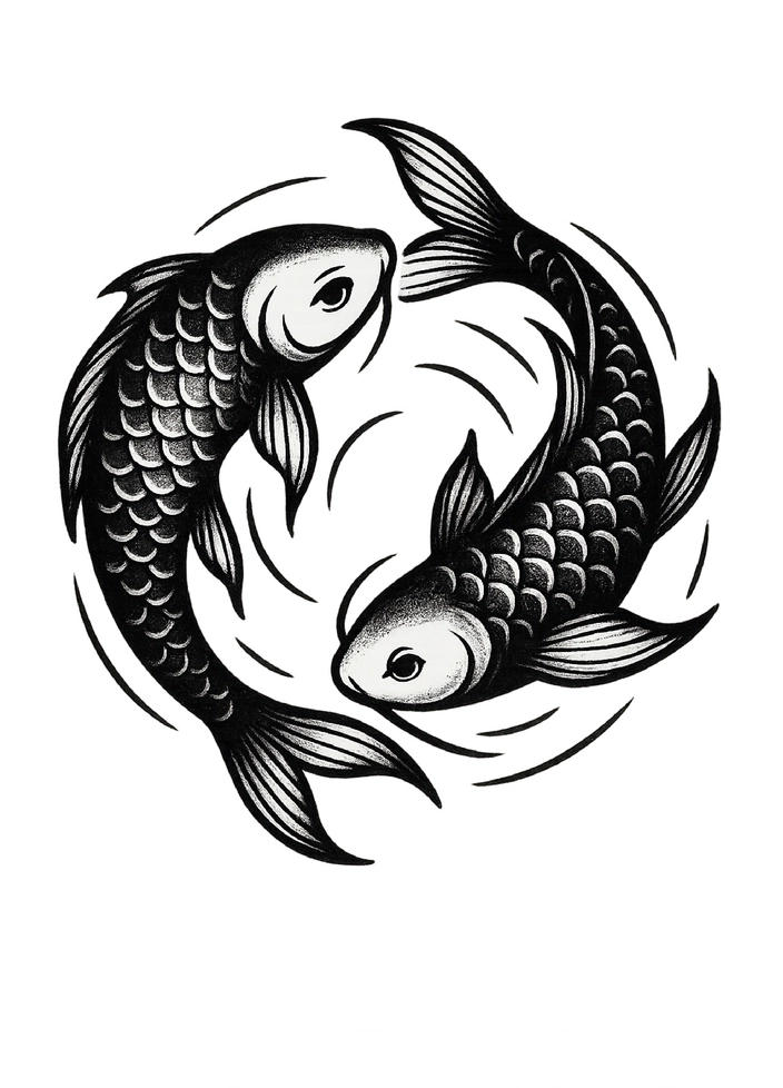 Tattoovorlage stilisierte Fische die sich umkreisen Schwarz-Weiß