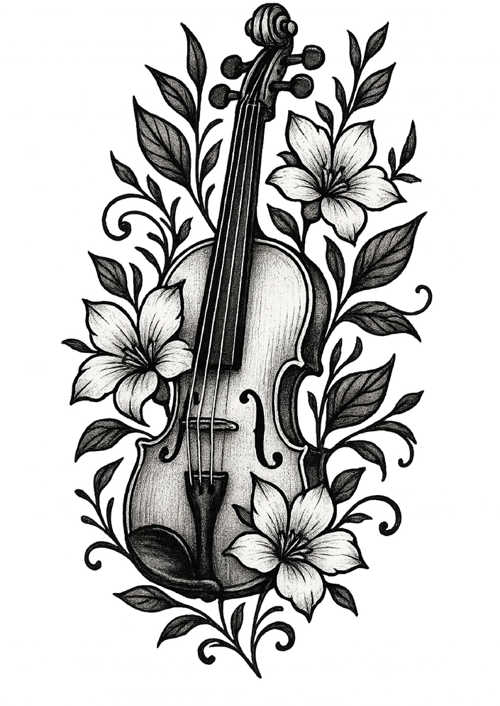Tattoovorlage stilisierte Geige mit floralen Verzierungen