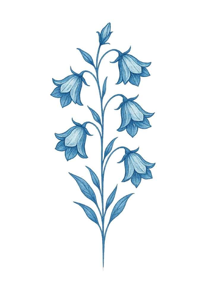 Tattoovorlage stilisierte Glockenblumen auf Steißbein blau