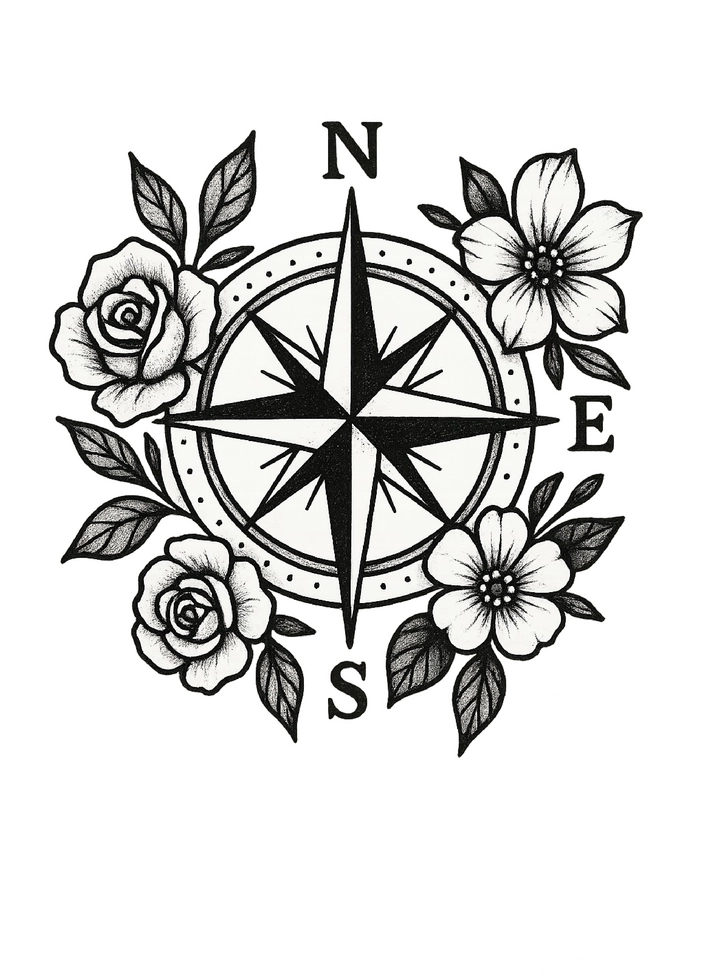Tattoovorlage mit stilisiertem Kompass und floralen Akzenten