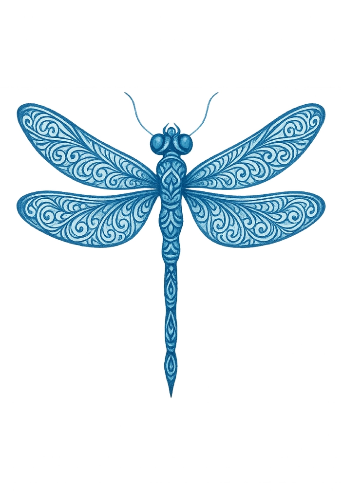 Tattoovorlage stilisierte Libelle mit filigranen Mustern in Blau